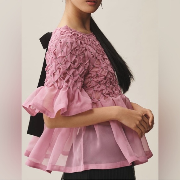 NWT Anthropologie Maeve Rhinestone Smock Sheer Babydoll Bow Top Pink Size XS - Picture 3 of 14